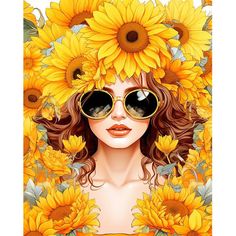 a woman with sunflowers on her head and sunglasses in front of her face