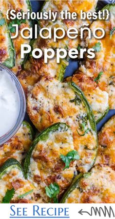 stuffed jalapeno poppers with ranch dressing on the side and text overlay reads seriously the best jalapeno poppers