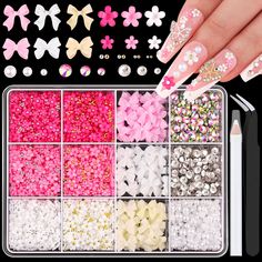 Flowers For Nails, 3d Nail Charms, Nails Clear, Bow Nail, 3d Flower Nails, Stylish Nails Designs, Y2k Nails, Jewelry Making Kits, Coquette Pink