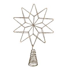 a metal star ornament with spirals hanging from it's side on a white background