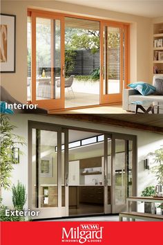 an image of a living room with sliding glass doors in the middle and inside view