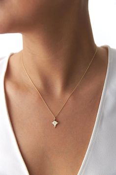 Small Diamond Necklace, Single Diamond Necklace, North Star Pendant, North Star Necklace, Star Motif, 16 Inch Necklace, Star Pendant Necklace, Gold Colors, Tiny Diamond