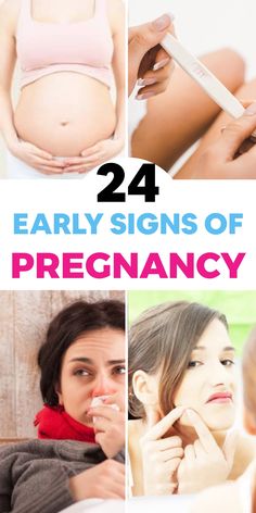 pregnant women with the words, 24 early signs of pregancy on their stomach