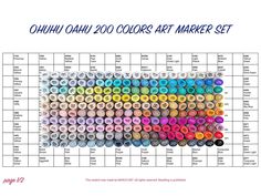 the color chart for ohuhu ohuii 200 colors art marker set is shown