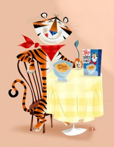 a tiger sitting at a table eating cereal with a fork and knife in his hand