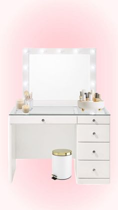 a white vanity with lights on it and a mirror over the top that is open