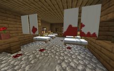 a room filled with lots of furniture and red paint on the walls in minecraft