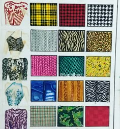 an image of different types of clothes and patterns on a piece of paper that is cut into squares