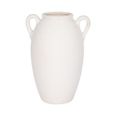 a large white vase with two handles on the top and bottom, sitting in front of a white background