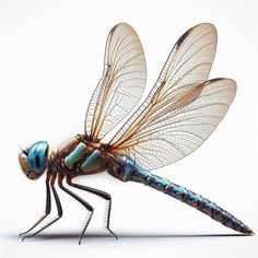 a blue dragonfly sitting on top of a white surface with its wings spread out