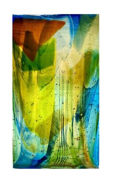 an abstract painting with blue, yellow and green colors