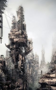 a futuristic city is shown in the middle of an image with lots of scaffolding