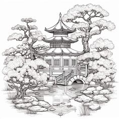 an ink drawing of a pagoda in the middle of a pond with lily pads and trees