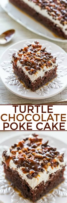 turtle chocolate poke cake on a white plate