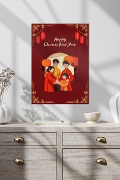 a chinese new year card with two women and an umbrella in the background on a dresser