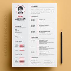 a clean and modern resume template with red accents on the front, in black ink