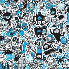 an abstract blue and black background with many different types of stickers on the wall