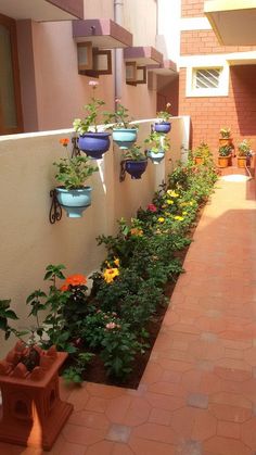 several flower pots hanging on the side of a building