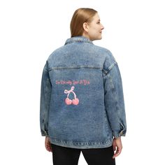 This women's custom denim jacket is here to become a wardrobe icon. With a timeless design, a relaxed, oversized fit, this jacket has all the hallmarks of an instant-favorite; Lapel collar, button-front closure, long sleeves with buttoned cuffs, button-flap front patch pockets, and front slant pockets. Add your designs on the large back panel and create a versatile choice that is bound to be worn and get all eyes on it.  .: 90% cotton, 6% polyester, 3% rayon, 1% spandex (fiber content slightly v Aesthetic Denim Jacket, Jacket Coquette, Coquette Vibes, Custom Denim Jacket, Custom Denim, Aesthetic Coquette, Womens Jackets, Denim Jacket Women, Just A Girl