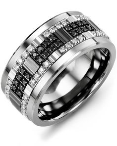 a wedding ring with black and white diamonds