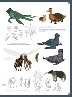 some animals that are in different poses and sizes, including an eagle, bird, and other