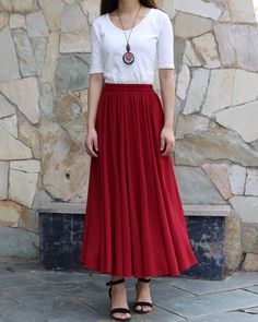 * A beautiful long chiffon skirt, two layers, not sheer at all.* Quality pearl chiffon fabric, soft, breathing and easy care.* A-line shape and elastic waist, it moves very beautifully when you walk.* Support 7 days return to get full refund on item without any reason.* Can custom size and colors, lead time is 6-8 days;* Let us know your usual size in your country and your overall height.* If you have some specific request or special characters such as broad shoulder, long arms, long waist, etc Dark Blue Skirt, Long Chiffon Skirt, Skirt Chiffon, Long Skirt Summer, Chiffon Maxi Skirt, Maxi Skirt Outfits, Womens Maxi Skirts, Elastic Waist Skirt, Skirt Summer