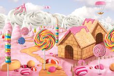 a candy land scene with a gingerbread house surrounded by lollipops and marshmallows