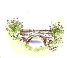 a watercolor drawing of a stone bridge