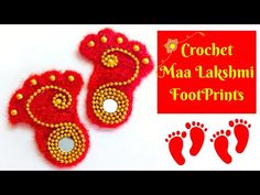 two pairs of red and gold beaded foot prints with the words crochet maa lakshimi foot prints