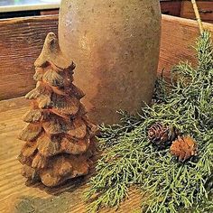 pine cones are sitting next to a potted plant