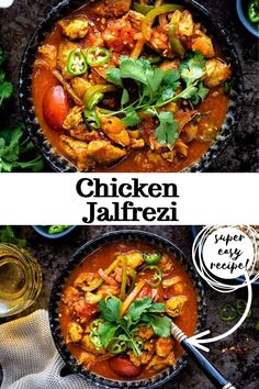 chicken jalfrezi in a skillet with cilantro and parsley