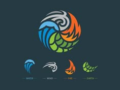 the logo for water, fire and earth is shown in four different color variations on a dark background