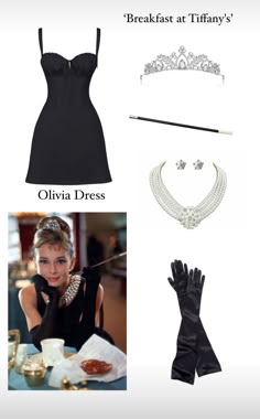 the breakfast at tiffany's costume is shown with gloves, necklace and tiara