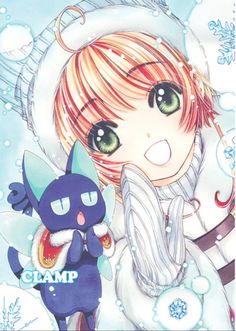 an anime character with red hair and green eyes holding a blue cat in front of snowflakes