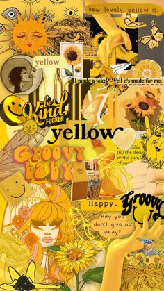 a collage of yellow and black images with flowers, butterflies, sunflowers