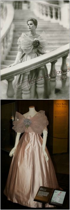 Dress by Maggy Rouff, Paris, 1959, silk satin and silk chiffon. Worn by Princess Grace of Monaco, for a photograph taken on the steps of the Prince's Palace, around 1959 or 1960 (see top photo: © Howell Conant, via gracefilm Tumblr). Bottom photo: Installation view of the dress from the "Grace Kelly: Style Icon" exhibition at the V&A, London (credit: My 'Richard Curtis' London Blog). Photo Installation, Maggy Rouff, Drag Clothing, Princess Grace Of Monaco, Richard Curtis, Grace Kelly Style