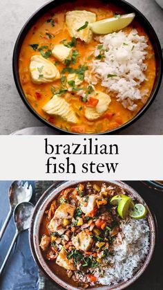 brazilian fish stew in a bowl with rice and lime