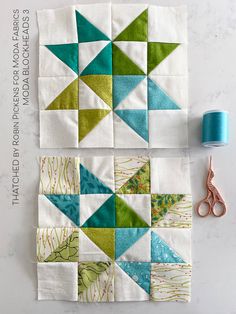 two quilt blocks with scissors and thread next to them