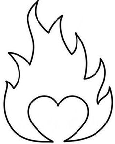 the outline of a heart with flames on it's side, in black and white