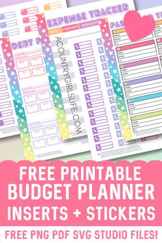 the free printable budget planner inserts and stickers are shown with text overlay