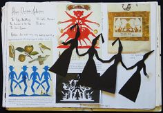 an open book with paper cut outs and silhouettes on the pages, including women's dresses