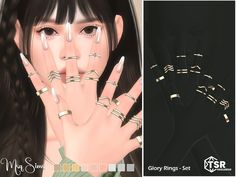 an animated image of a woman's hands with gold rings on her thumb and fingers