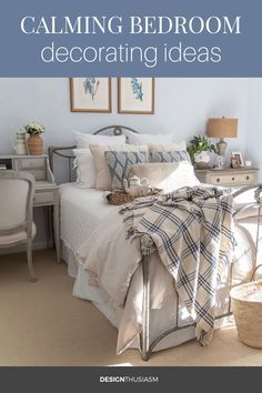 a bedroom decorated in white and blue with the words calming bedroom decor ideas