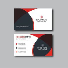 two business cards with red, black and white shapes on the bottom one has a circular logo