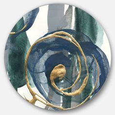 an abstract painting with gold and blue swirls on a white background round wall plaque