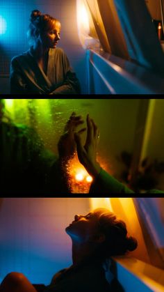 three different shots of a woman in the dark with her eyes closed and hands on her face