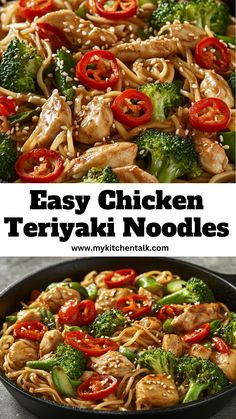 easy chicken teriyaki noodles with broccoli and peppers in a skillet