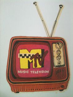 a drawing of an old tv with music television on it's screen and two sticks sticking out of the top