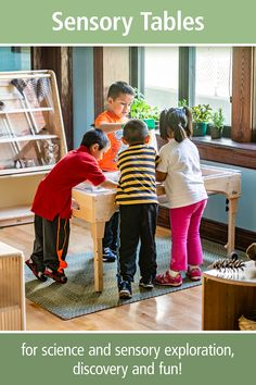 three children are standing around a table with plants on it and the words, science and sensory explanation for discovery and fun