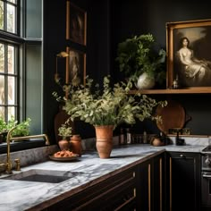 the kitchen counter is covered with potted plants and other greenery in front of a window